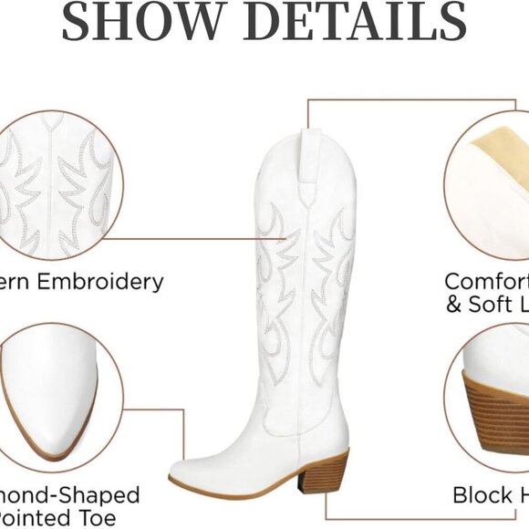 Women Western Cowboy Boots Leather Tall Embroidered Pointed Toe Chunky Heel - Picture 2 of 6